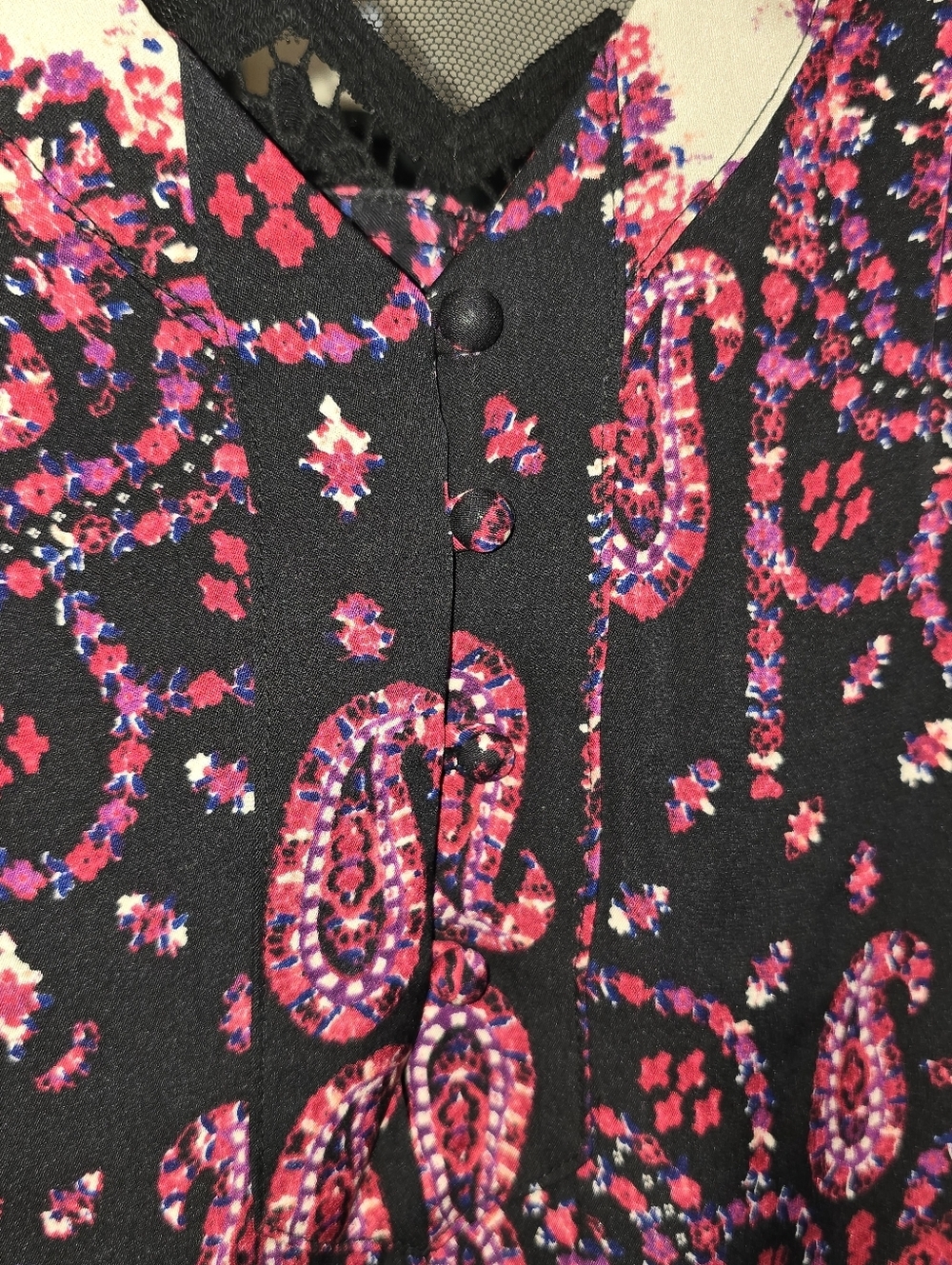 Gypsy 05 Silk Boho Pink Black Paisley Floral V-neck Mini Dress Lace Back Size S. - Picture 5 of 14
